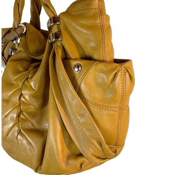 B. Makowsky Camel Leather Hobo w/ Braided Handle Magnetic Closure Leopard Lining - Picture 6 of 15
